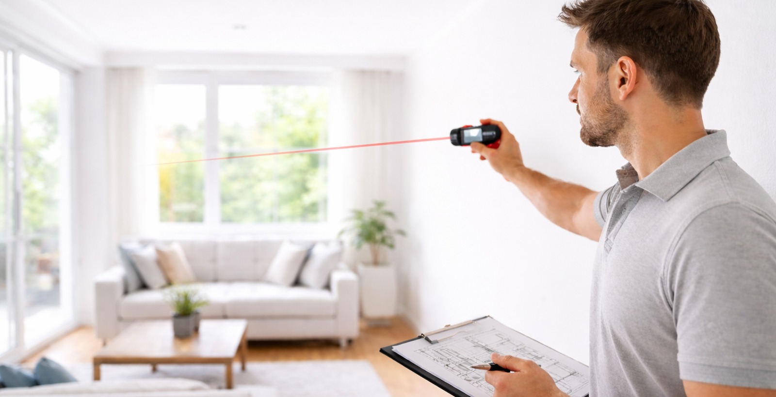 Männliche Person misst einen Raum mit einem Lasermessgerät für ein Gebäudeaufmaß aus